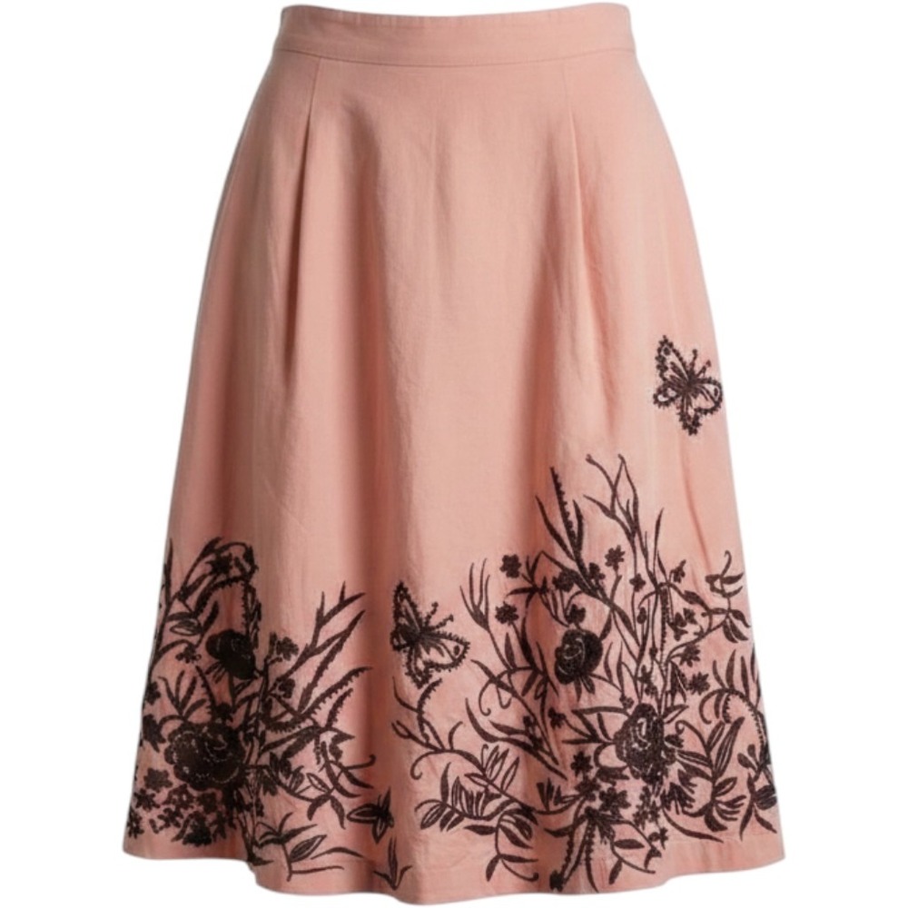 Embroidered Midi Skirt Womens M Peach Cotton Boho Floral Butterfly A-Line Unique